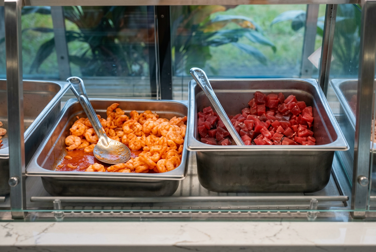 Refrigerated poke bar display with fresh shrimp and tuna in metal bins with serving tongs
